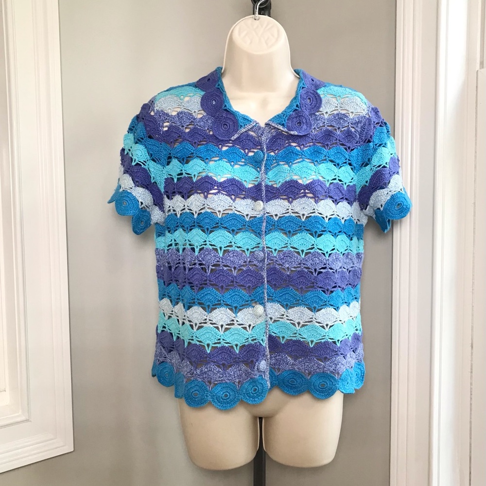 Vintage Michael Simon Blue Crochet Sweater Cardigan ~ Women’s Small LIKE NEW